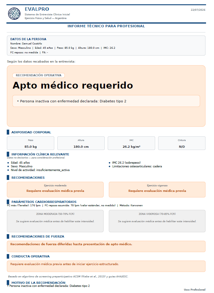 Informe EVALPRO — Requiere apto médico